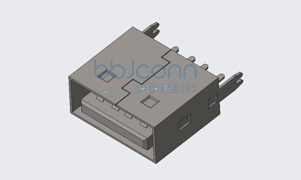 USB 2.0 AF 180度 H=10.80 鱼叉脚（外壳无弹） 平口 铜壳 PBT黑胶