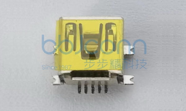 MINI USB 5P 母座 短体L=7.80 四脚全贴 带柱 SMT LCP黑胶 铜壳