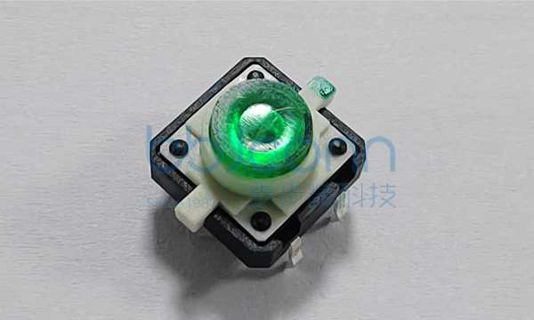 轻触开关 12x12x7.3 四脚弯插 带翠绿LED灯 透明按键 不锈钢弹片 260G