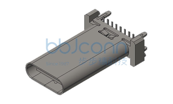 TYPE-C 母座 16P 直立式 外壳四脚DIP 端子SMT H=7.40 端子C7025 不锈钢外壳 LCP黑胶 加盖编带