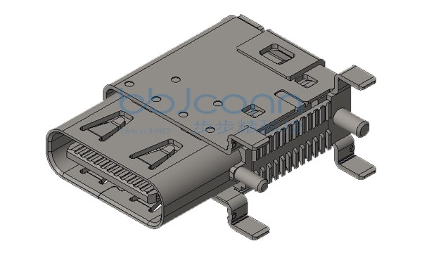 USB 3.2 TYPE-C 24P 母座 侧插 双壳 四脚插 带柱 端子SMT L=14.30 CH=5.06 20G 编带