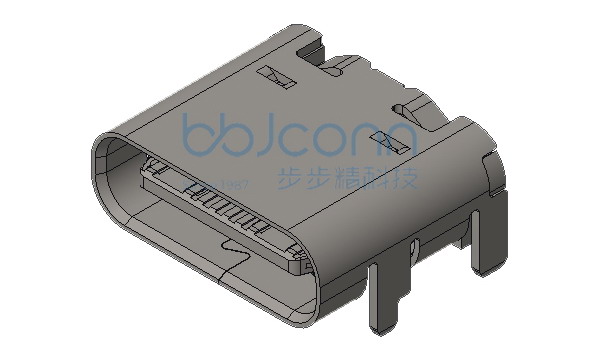 TYPE-C 16P 母座 板上四脚插 端子SMT L=7.35 带柱 不锈钢304外壳 过5A电流 镀金15u 编带
