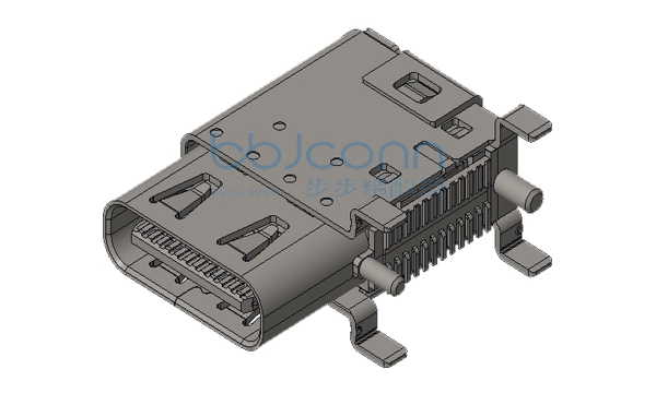 TYPE-C 24PIN 母座L=14.3 侧插 带柱 端子SMT CH=5.06 双外壳 带EMS弹片 编带