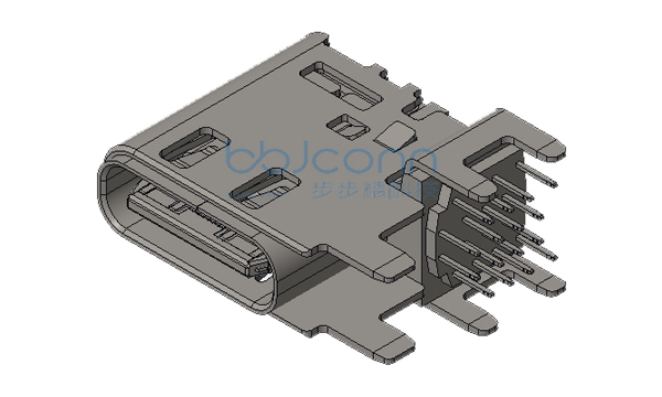 TYPE-C 16P 母座 双壳 侧插 L=10.4 H=11.45 CH=6.60 六脚插 带中夹片 DIP PA46
