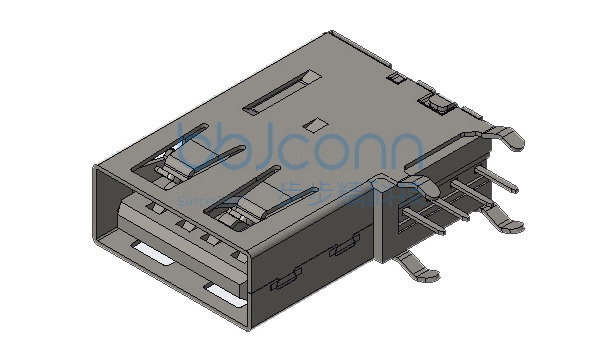 USB 2.0 AF 侧插长体 L=19.40 H=13.85 弯脚 脚距6.90 端子DIP 平口 LCP黑胶 铁壳